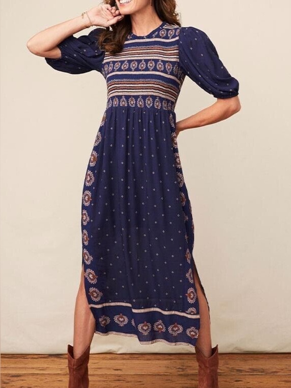 Matilda Jane Good Hart Women’s Boho Navy Printed Puff-Sleeve Midi Dress